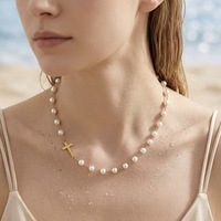Collier pour pull en acier inoxydable 18K avec pendentif croix et chaîne de clavicule perlée
