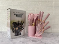 Ensemble d'ustensiles de cuisine en silicone et plastique de 18 pièces avec planche à découper à manche en bois et seau de rangement