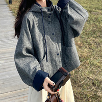 Veste Courte en Laine Grise Décontractée Vintage pour Femme, à Capuche, avec Cordon de Serrage, Boutonnage Simple, Coupe Ample, Idéale pour les Trajets Quotidien