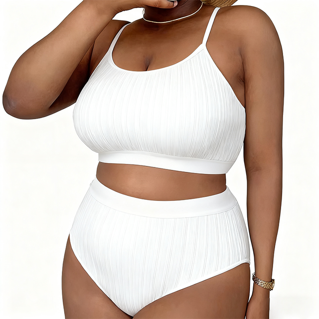 2025 New Ribbed High Waist Black Solid Color Suspenders Plus Size Sexy Bikini Swimming Wear for Women