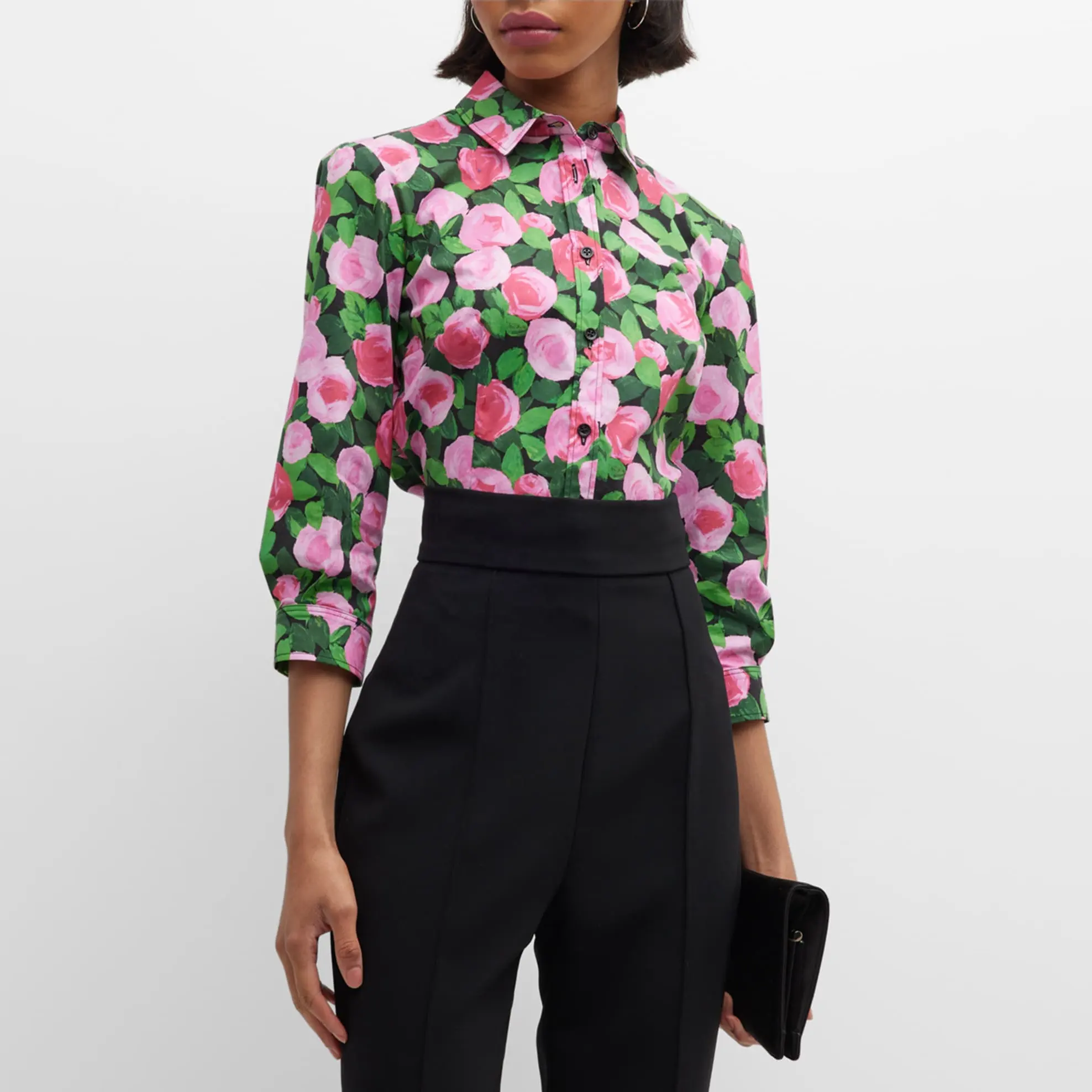 Kemeja lengan 3/4 wanita motif bunga kustom blus kemeja kancing bawah Formal klasik untuk wanita kantor Blusa pas badan Premium