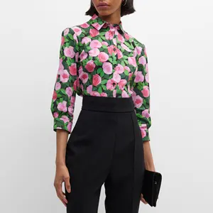 Op Maat Gemaakte Shirts Met Bloemenprint Dames 3/4 Mouwen Premium Slim Fit Blusa Kantoor Dames Formele Klassieke Button-Down Shirt Blouse