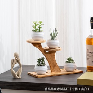 Support à plantes en bois à trois niveaux pour bureau, présentoir à mini-succulentes, couleur bois naturel, support à pots de fleurs à plusieurs niveaux - Product Image 3