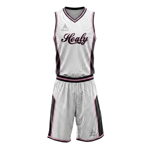 Ensemble d'uniformes de basketball sublimés HEALY à texture ondulée blanche, avec bordure rose et noire, maillot et short en maille respirante à séchage rapide, personnalisable pour équipe - Product Image 1