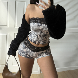 Women's Vintage Gothic 2-Piece <b>Set</b> Animal Print Lace Trim Stretchy <b>Knit</b> Sleeveless Bustier Knee Short Leggings Night Outfit - Product Image 1