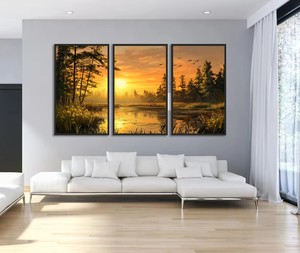 Collezione di <span class=keywords><strong>dipinti</strong></span> su tela con riflessi del lago al tramonto e alberi silenziosi, decorazioni artistiche ispirate alla natura per la casa - Product Image 3