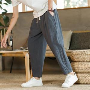 Pantaloncini larghi traspiranti tinta unita pantaloni con coulisse dritti Streetwear da <span class=keywords><strong>uomo</strong></span> pantaloni Casual alla moda in cotone e <span class=keywords><strong>lino</strong></span>
