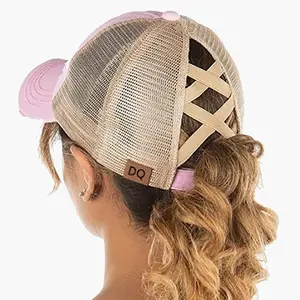 women ladies high custom sports spandex X cross crisscross pony tail baseball trucker caps hats with ponytail hair hole holder