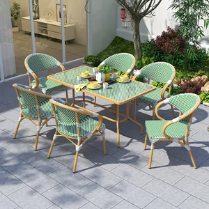 Fulin set meja makan anyaman Modern, meja makan dan kursi tenun taman putih logam teras komersial taman luar ruangan
