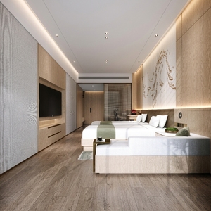 Ensemble de chambre d'hôtel moderne et minimaliste, lit king size en bois avec ottoman, durable, usage commercial - Product Image 2