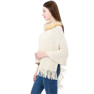 Top Fashion European Chenille Shawl With Fur Collar Winter Keep Warm Ladies Sweater With Shiny Yarn Knit Poncho For Women