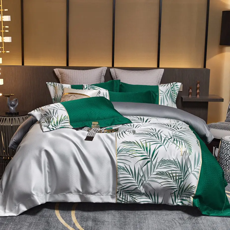 Copripiumino jacquard grigio verde all'ingrosso cotone egiziano tessili per la casa lenzuola king size set biancheria da letto 4 pezzi