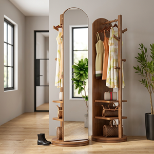 Modern Teak Wood Floor Standing Mirror Coat Rack with <b>Shelves</b> and Hangers for Clothing Storage in Bedroom - Product Image 2
