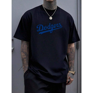 T-shirt da uomo casual in cotone 100% con logo Dodgers blu navy scritto a mano, vestibilità ampia e traspirante, che onora l'eredità classica del baseball - Product Image 6