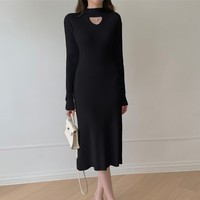 Robe tricotée à manches longues et col haut pour femme, tenue moulante, OEM, automne, hiver