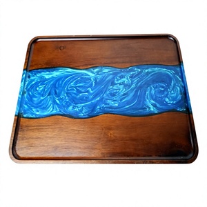 Plateau de service rectangulaire en bois avec motif vague en résine bleue, finition laquée, artisanat décoratif fabriqué au Vietnam - Product Image 1