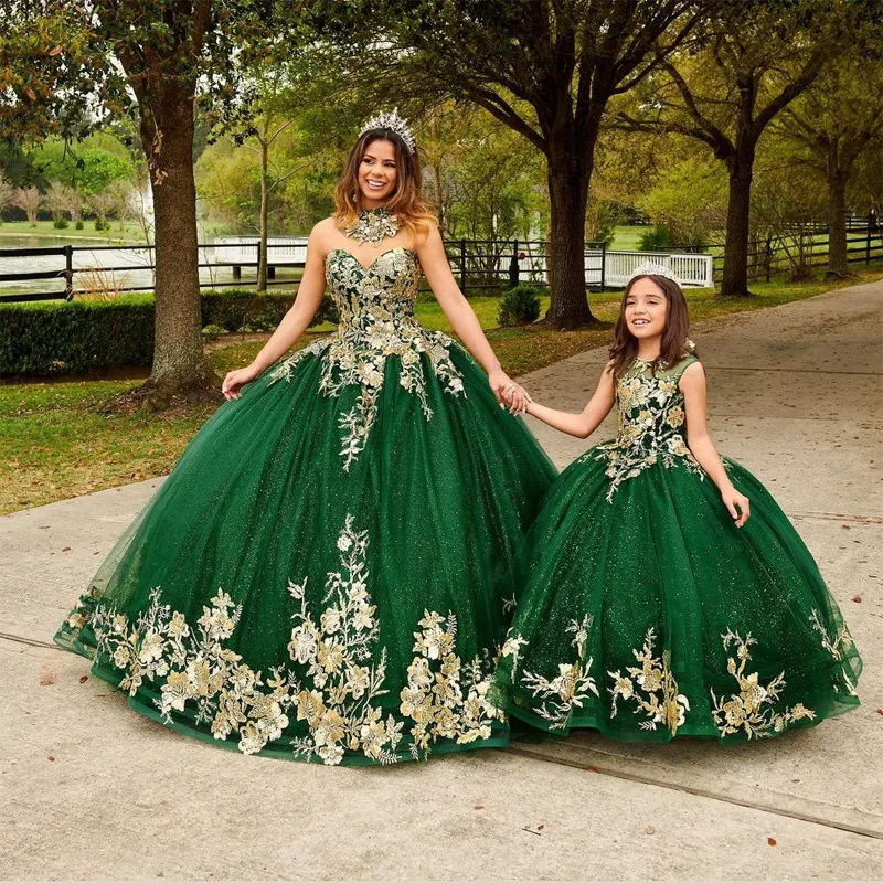 Quinceanera Dresses with Princess Green Sequins Gold Appliques - Technical View