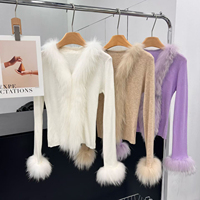 Cardigan en maille mélangée pour femme avec bordure en vraie fourrure de renard, style mode, coupe ajustée, pour printemps, automne et hiver, haut sexy en fourrure pelucheuse, manteau court Y2K