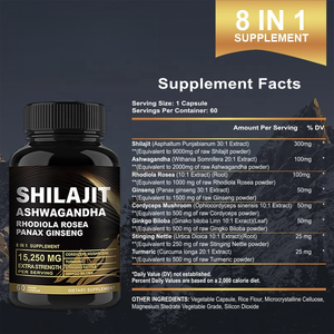 Suplemen Diet Shilajit 8-in-1 dengan Ashwagandha, Rhodiola Rosea, Panax Ginseng, 60 Kapsul Vegetarian per Porsi - Product Image 3