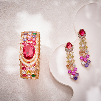Parure de bijoux en laiton et zircone colorée style Dubaï, boucles d'oreilles à double couche avec pampilles carrées, bracelet et collier, cadeau de luxe, vente en gros