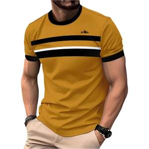 T-shirt personnalisé pour homme à manches courtes rayé, col rond, color block, décontracté, été, 100% coton tricoté, bordure contrastée - Product Image 1
