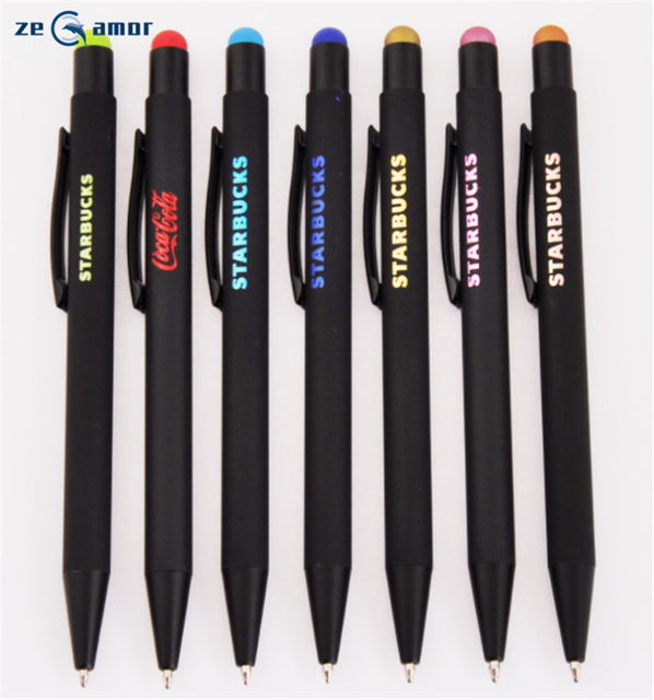 Zeamor Pluma Aguja Sports Promotional Soft Rubber Coated Aluminum Plunge Action Ballpoint Black Logo Custom Metal for Pen