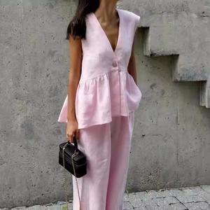 Conjunto de Ropa de Lino Cómoda de Alta Calidad a Bajo Precio 2025, Top Corto Informal Rosa de Algodón para Mujer, Pantalones Cortos de Lino con Cintura Elástica - Product Image 1