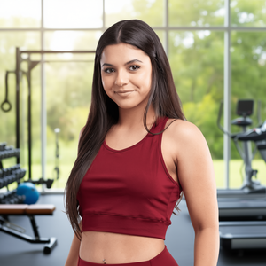 Camiseta Deportiva Corta para Mujer, Color Borgoña, Talla S-M, Ligera, Estilo Racerback, Tejida en Spandex y Poliéster - Product Image 2