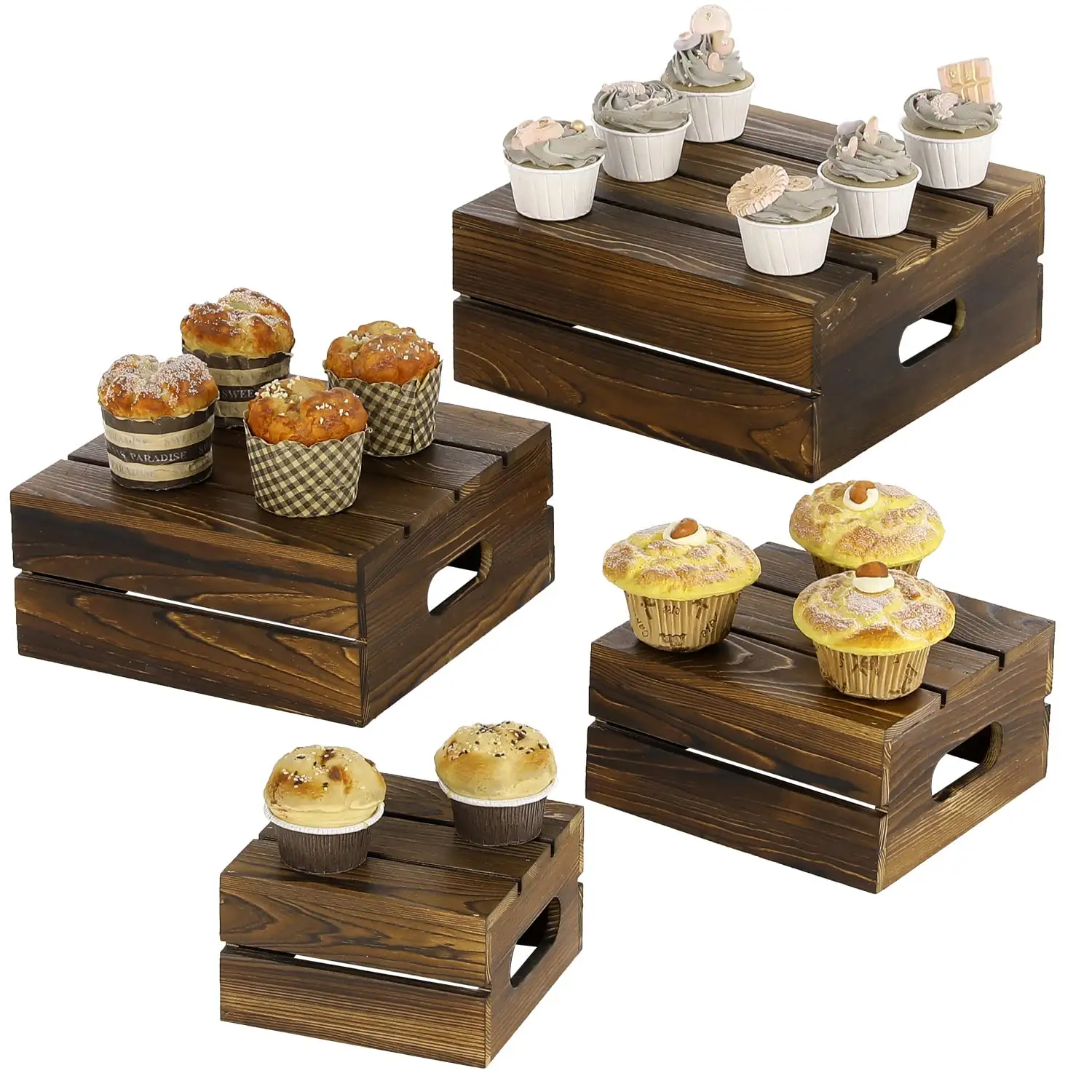 Soporte de pastel para cupcakes con anidación de madera quemada, organizador de almacenamiento de estilo caja de madera para aperitivo y postre, Juego de 4