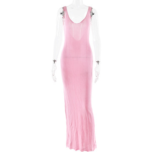 Vestido largo de punto sin mangas con cuello redondo y espalda descubierta, cintura natural, estilo casual para fiesta, transpirable, estilo veraniego. - Product Image 5