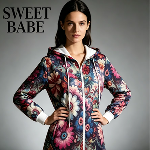 SWEET BABE เสื้อแจ็คเก็ตสีฟ้าพิมพ์ลายดอกไม้ขนาดพลัสไซส์สำหรับผู้หญิง – เสื้อฮู้ดมีซิปแบบลำลองพร้อมดีไซน์ลายดอกเดซี่ - Product Image 1