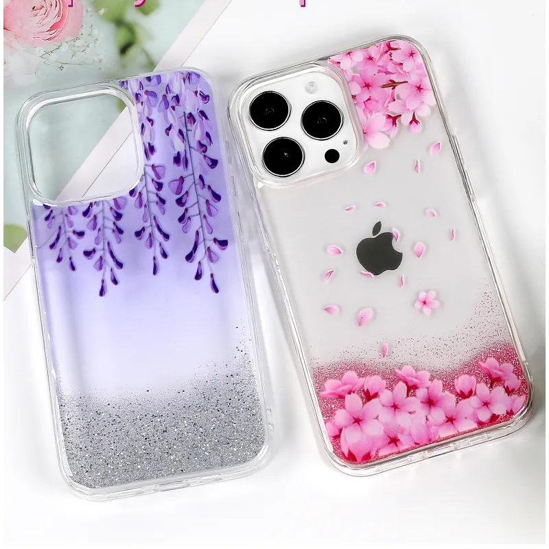 Pink printed flower floral girlish phone case transparent For iphone 14 13 12 11 pro max glitter Clear Mobile case cover