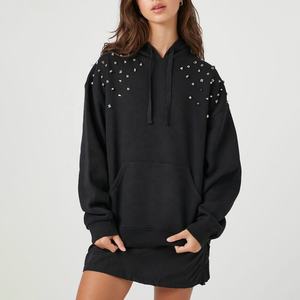 Robe polaire mi-longue personnalisée pour femmes, <span class=keywords><strong>sweat</strong></span>-shirt surdimensionné à la mode d'automne, pull à capuche en polaire clouté de diamants pour femmes - Product Image 1