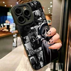 Coque de téléphone en TPU souple anti-chute avec motif visage de fantôme peint aux UV, pour tous les modèles Apple, couleur noire mate, protection contre les chocs - Product Image 1
