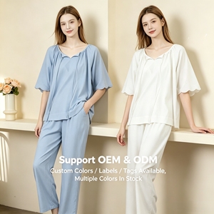 Pyjama en coton pour femme, couleur bonbon, délavé, avec lacets, col en V, vêtements d'intérieur élégants et doux pour la peau, pour la maison - Product Image 2