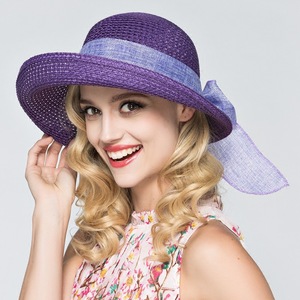 Chapeau de soleil en paille violet avec nœud, large bord respirant, chapeau d'été pour femme - Product Image 1