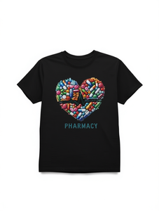 T-shirt da donna a tema farmacia con motivo a capsula a cuore, girocollo, manica corta, casual, per tutte le stagioni, 100% cotone jersey stampato - Product Image 1