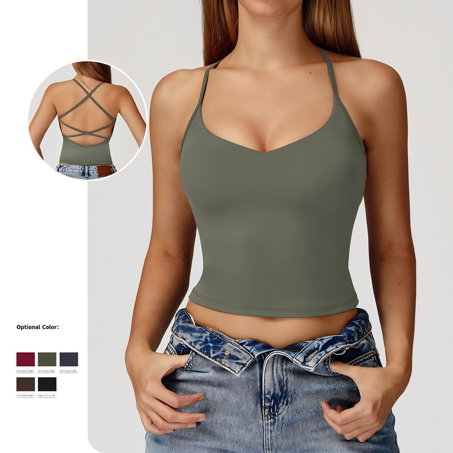Nude-feel Women's Yoga Tank Top with Cross-back Design Sweat-Wicking Polyamide Thumbholes Outdoor Running Sports Top