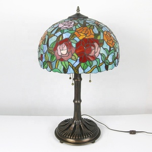 LongHuiJing 16 Inch European Rose Flower Stained Glass Lamp Desk Lights Tiffany Home Table Lamp With Copper Base Stand Lamp - Product Image 6