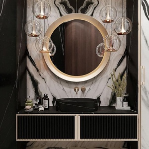 Mueble de baño moderno minimalista con encimera de losa de roca, lavabo cerámico, espejo con iluminación inteligente y gabinete de almacenamiento. - Product Image 1