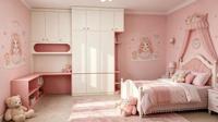 Muebles Modernos para Dormitorio de Niñas en Color Rosa, Sistema Integrado de Escritorio y Armario, Armario Infantil con Escritorio