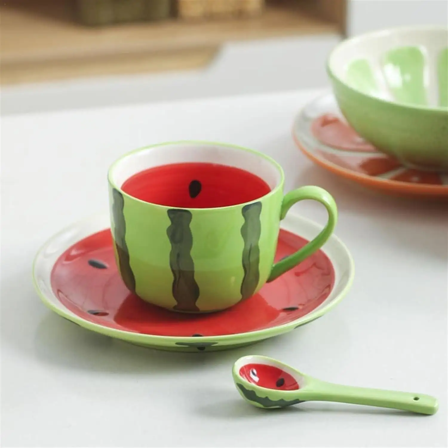 Wholesale pricing creative cute mug watermelon fruits design Design milk Breakfast cup Custom ceramic mug with spoon saucer