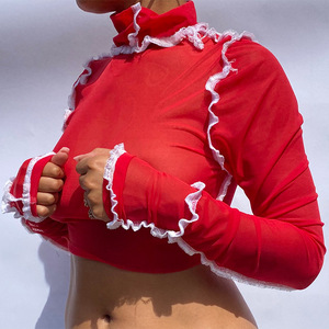 2022 Hot <span class=keywords><strong>Sale</strong></span> New Fashion Damen Blumen blusen Mehrfarbiger Blumen druck High Collar Langarm Crop Top Damen Tanktops - Product Image 5