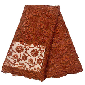 Beaux matériaux de dentelle de paillettes de broderie de tissu Orange Brunt pour le mariage nigérian 5 Yards tissu de Tulle ML49N283 - Product Image 1