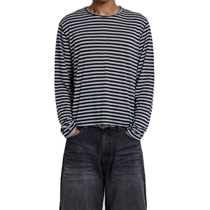 Men's Oversized <b>Striped</b> <b>Long</b> <b>Sleeve</b> Knitted Jersey T-Shirt O-Neck Casual <b>Top</b> <b>Black</b> <b>White</b> Stripe Raw Edge <b>Top</b> - Product Image 1