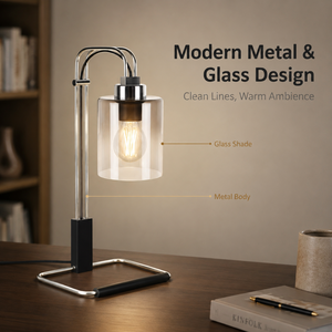 Lampe de table moderne en métal avec abat-jour en verre, ampoule E27, lumière décorative d'ambiance pour chambre à coucher, chevet, salon - Product Image 2