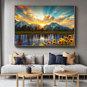 Decoración para sala de estar <span class=keywords><strong>lago</strong></span> amanecer paisaje ilustraciones naturaleza lienzo arte impresión montaña paisaje pared pintura - Product Image 2