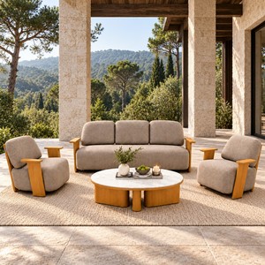 Ensemble de canapés d'extérieur en aluminium imitation bois avec coussins en oléfine, cinq places, meubles de patio avec table basse - Product Image 4