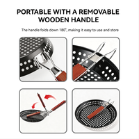 Panier de barbecue pliable en acier au carbone rond de 12 pouces avec revêtement antiadhésif, placage en chrome et poignée en bois