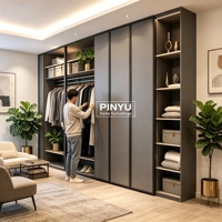 Armoire intégrée en bois composite personnalisable de teinte foncée, placard de chambre à coucher, poste de travail multifonctionnel pour l'étude